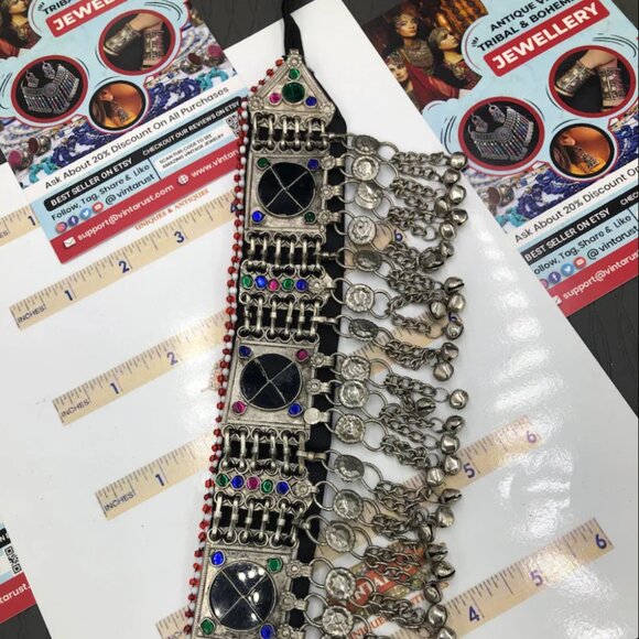 Black Stone Choker, Handmade Afghan Choker with Stones and Silver Beads, Kuchi - Picture 3 of 13